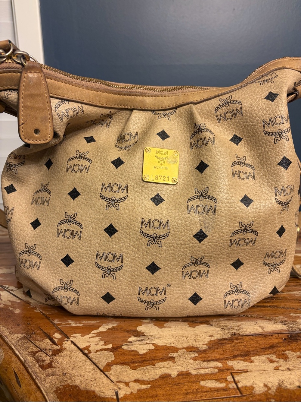 MCM Tan Visetos Logo-Print Shoulder Bag with Gold Plaque